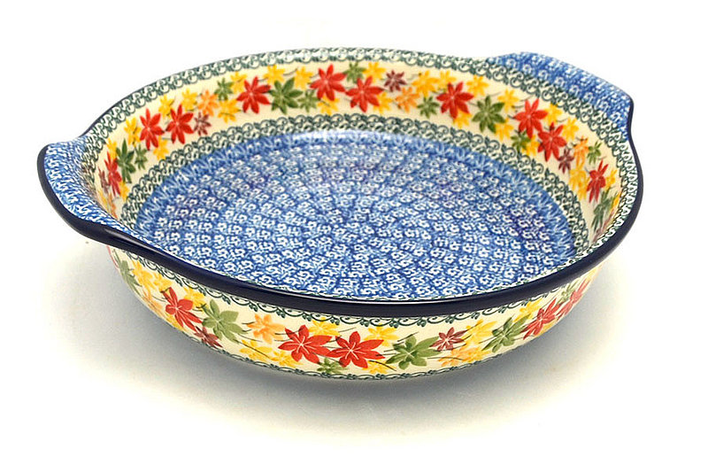 2 1/4"H x 10 1/4"W x 11 1/4"L (at handles)
 Polish Pottery Baker - Round with Grips - Large - Maple Harvest 417-2533a (2 1/4"H x 10 1/4"W x 11 1/4"L (at handles)
)