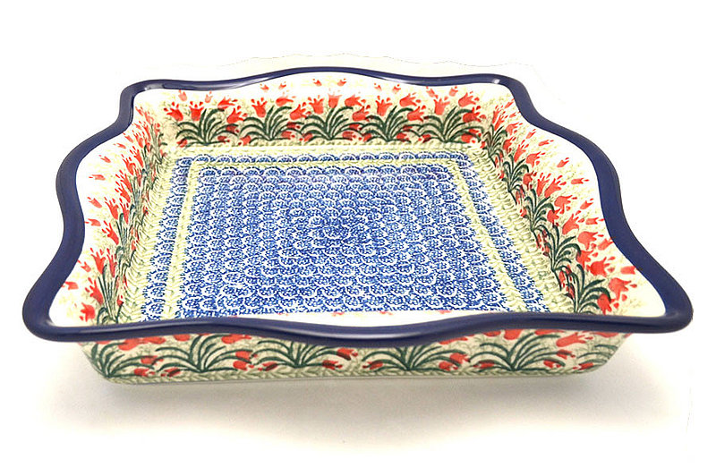 2 1/4"H x 11 1/2"W (8 1/2"W on inside)
 Polish Pottery Baker - Square with Fluted Edge - Crimson Bells A41-1437a (2 1/4"H x 11 1/2"W (8 1/2"W on inside)
)
