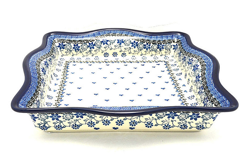 2 1/4"H x 11 1/2"W (8 1/2"W on inside)
 Polish Pottery Baker - Square with Fluted Edge - Silver Lace A41-2158a (2 1/4"H x 11 1/2"W (8 1/2"W on inside)
)