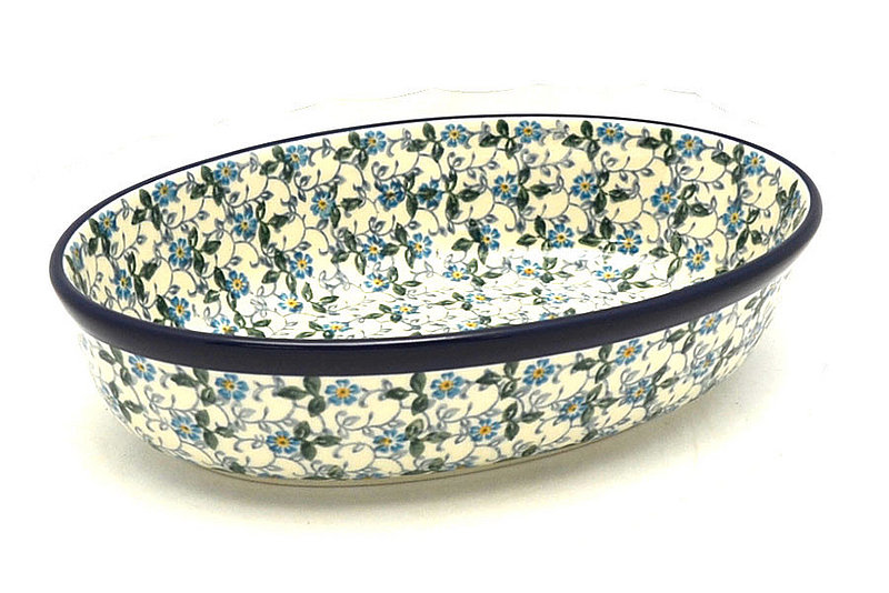 2 1/4"H x 6 1/4"W x 9 1/2"L
 Polish Pottery Baker - Oval - Small - Forget-Me-Knot 299-2089a (2 1/4"H x 6 1/4"W x 9 1/2"L
)