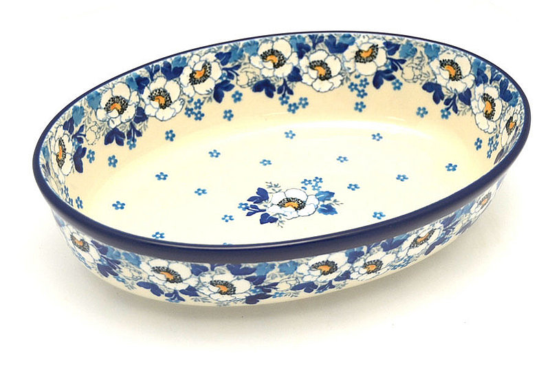 2 1/4"H x 6 1/4"W x 9 1/2"L
 Polish Pottery Baker - Oval - Small - White Poppy 299-2222a (2 1/4"H x 6 1/4"W x 9 1/2"L
)