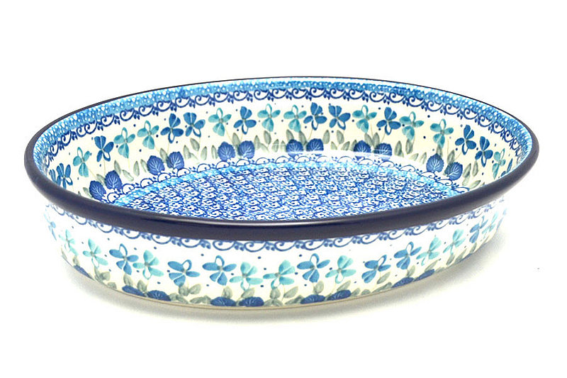 2 1/4"H x 7 1/2"W x 10 3/4"L.
 Polish Pottery Baker - Oval - Medium - Blue Orchids 298-2751a (2 1/4"H x 7 1/2"W x 10 3/4"L.
)