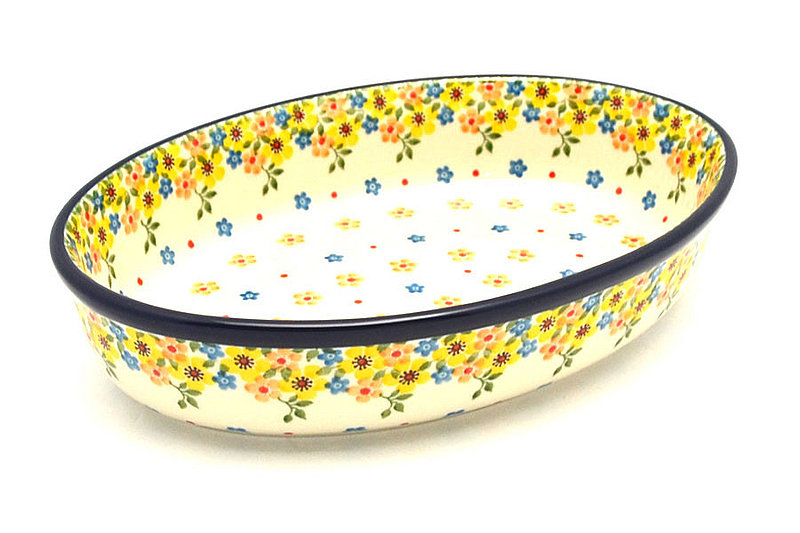 2 1/4"H x 7 1/2"W x 10 3/4"L.
 Polish Pottery Baker - Oval - Medium - Buttercup 298-2225a (2 1/4"H x 7 1/2"W x 10 3/4"L.
)