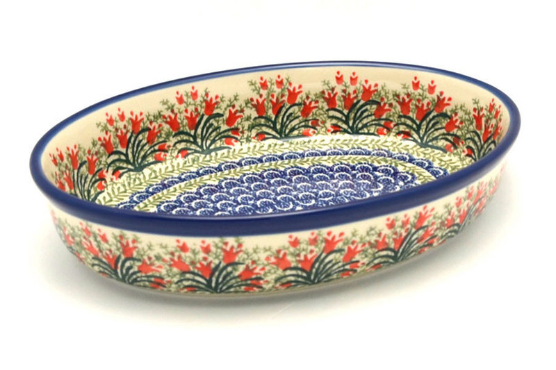 2 1/4"H x 7 1/2"W x 10 3/4"L
 Polish Pottery Baker - Oval - Medium - Crimson Bells 298-1437a (2 1/4"H x 7 1/2"W x 10 3/4"L
)