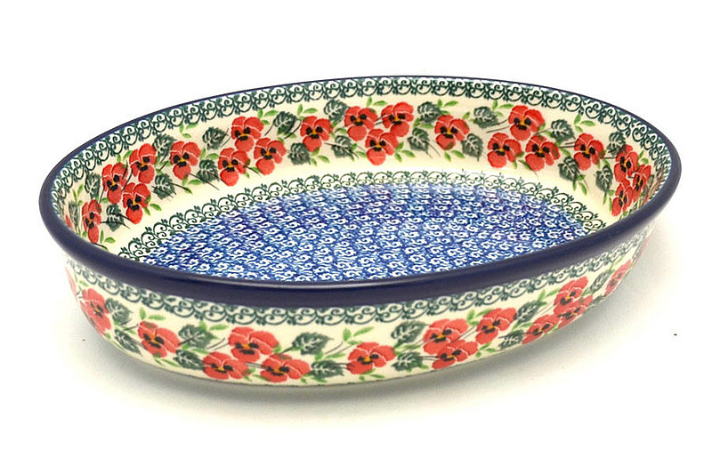 2 1/4"H x 7 1/2"W x 10 3/4"L
 Polish Pottery Baker - Oval - Medium - Red Pansy 298-2538a (2 1/4"H x 7 1/2"W x 10 3/4"L
)