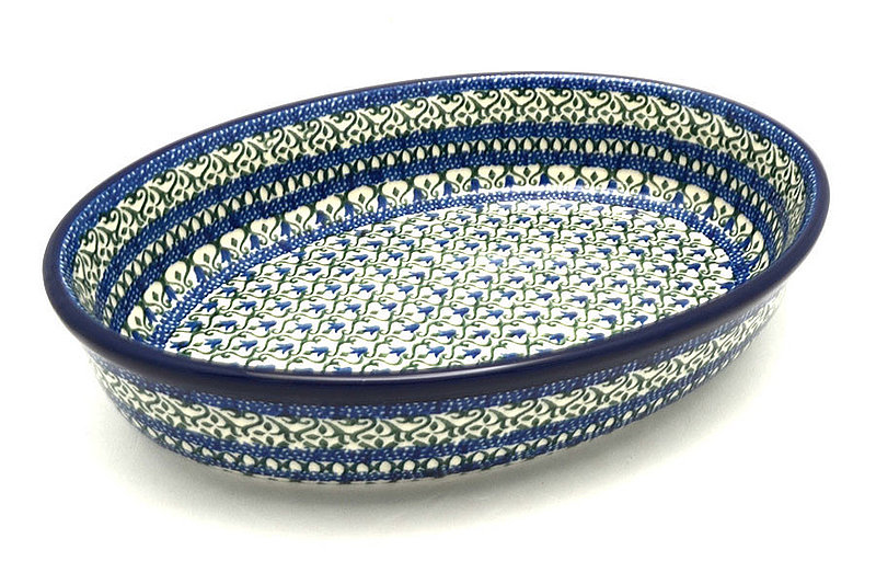 2 1/4"H x 7 1/2"W x 10 3/4"L
 Polish Pottery Baker - Oval - Medium - Tulip Trellis 298-0585a (2 1/4"H x 7 1/2"W x 10 3/4"L
)