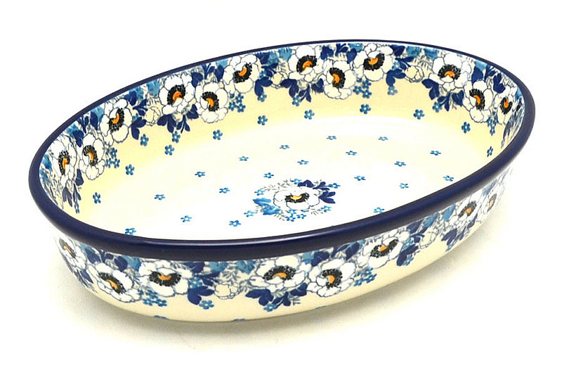 2 1/4"H x 7 1/2"W x 10 3/4"L.
 Polish Pottery Baker - Oval - Medium - White Poppy 298-2222a (2 1/4"H x 7 1/2"W x 10 3/4"L.
)