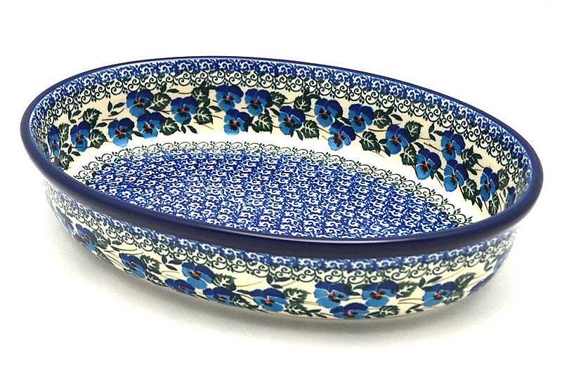 2 1/4"H x 7 1/2"W x 10 3/4"L
 Polish Pottery Baker - Oval - Medium - Winter Viola 298-2273a (2 1/4"H x 7 1/2"W x 10 3/4"L
)