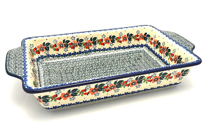 2 1/4"H x 7 1/2"W x 13"L
 Polish Pottery Baker - Rectangular with Tab Handles - 7 cups - Cherry Blossom A59-2103a (2 1/4"H x 7 1/2"W x 13"L
)