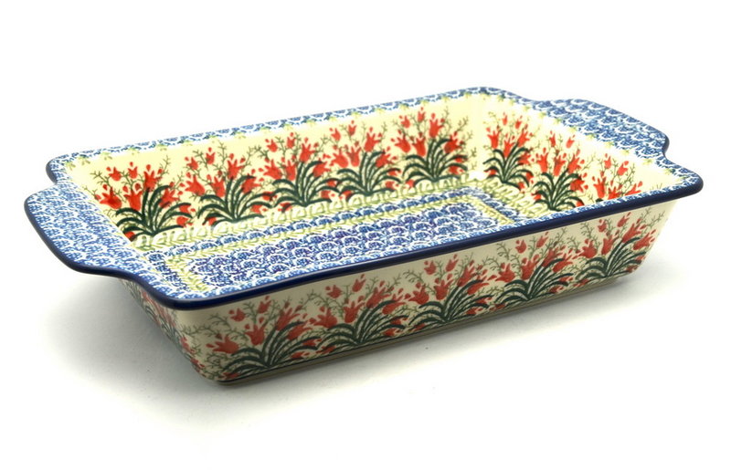 2 1/4"H x 7 1/2"W x 13"L
 Polish Pottery Baker - Rectangular with Tab Handles - 7 cups - Crimson Bells A59-1437a (2 1/4"H x 7 1/2"W x 13"L
)