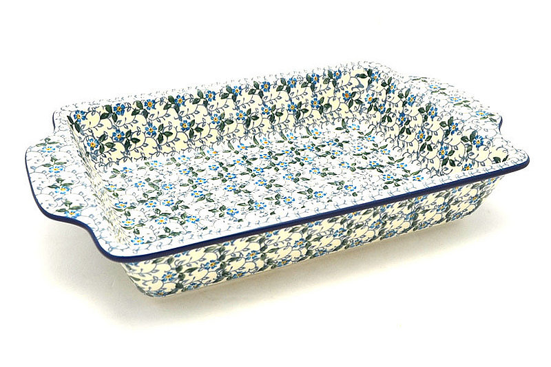 2 1/4"H x 7 1/2"W x 13"L
 Polish Pottery Baker - Rectangular with Tab Handles - 7 cups - Forget-Me-Knot A59-2089a (2 1/4"H x 7 1/2"W x 13"L
)