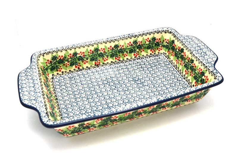 2 1/4"H x 7 1/2"W x 13"L
 Polish Pottery Baker - Rectangular with Tab Handles - 7 cups - Holly Berry A59-1734a (2 1/4"H x 7 1/2"W x 13"L
)