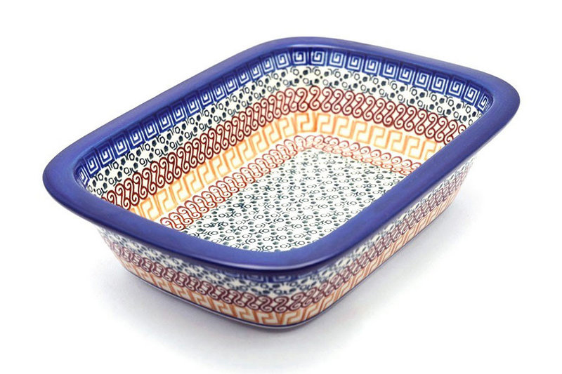 2 1/4"H x 7 1/8"W x 9 3/4"L
 Polish Pottery Baker - Rectangular with Grip Lip - Autumn 162-050a (2 1/4"H x 7 1/8"W x 9 3/4"L
)