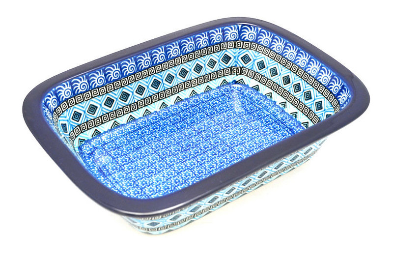 2 1/4"H x 7 1/8"W x 9 3/4"L
 Polish Pottery Baker - Rectangular with Grip Lip - Aztec Sky 162-1917a (2 1/4"H x 7 1/8"W x 9 3/4"L
)
