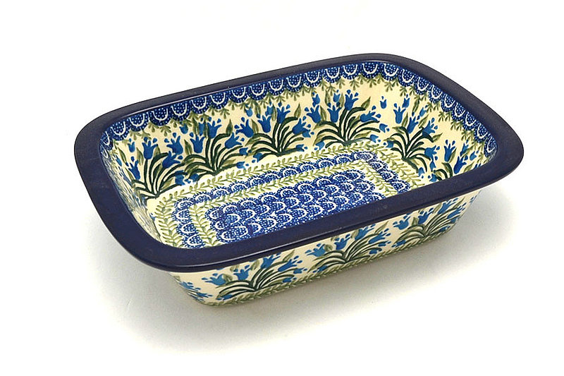 2 1/4"H x 7 1/8"W x 9 3/4"L
 Polish Pottery Baker - Rectangular with Grip Lip - Blue Bells 162-1432a (2 1/4"H x 7 1/8"W x 9 3/4"L
)