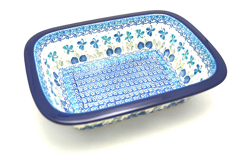 2 1/4"H x 7 1/8"W x 9 3/4"L
 Polish Pottery Baker - Rectangular with Grip Lip - Blue Orchids 162-2751a (2 1/4"H x 7 1/8"W x 9 3/4"L
)
