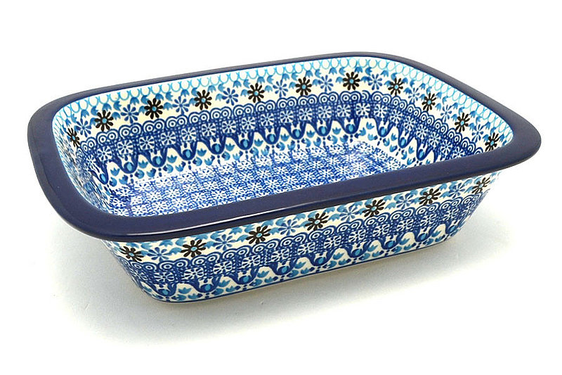 2 1/4"H x 7 1/8"W x 9 3/4"L
 Polish Pottery Baker - Rectangular with Grip Lip - Blue Yonder 162-2187a (2 1/4"H x 7 1/8"W x 9 3/4"L
)