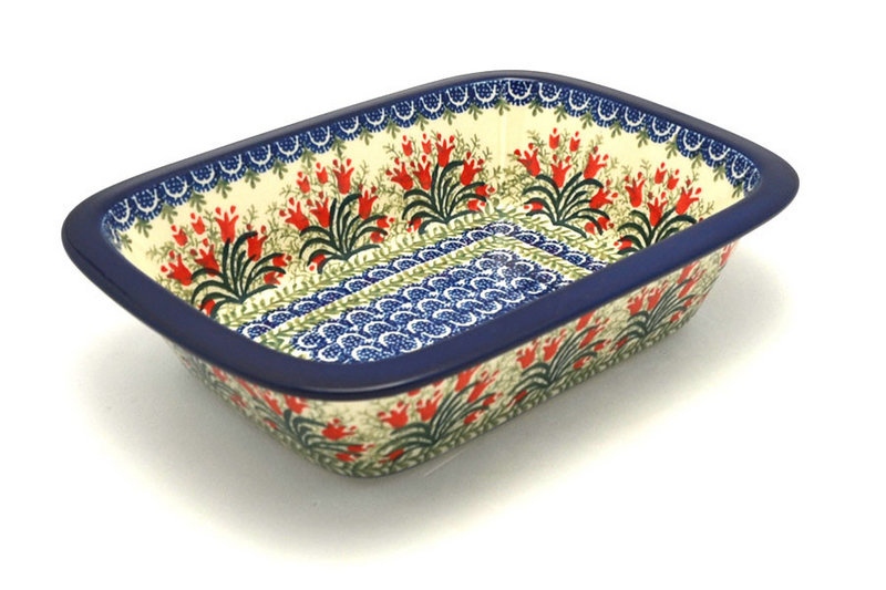 2 1/4"H x 7 1/8"W x 9 3/4"L
 Polish Pottery Baker - Rectangular with Grip Lip - Crimson Bells 162-1437a (2 1/4"H x 7 1/8"W x 9 3/4"L
)