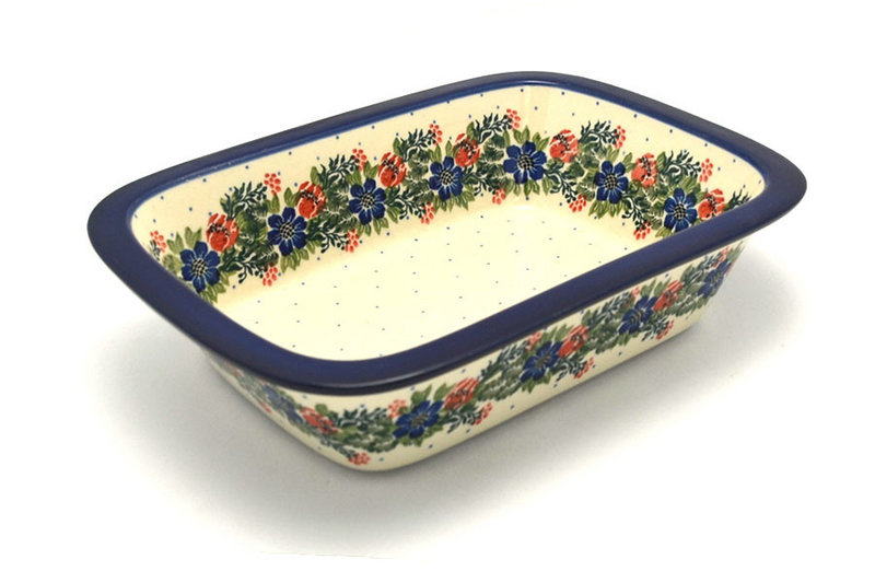 2 1/4"H x 7 1/8"W x 9 3/4"L
 Polish Pottery Baker - Rectangular with Grip Lip - Garden Party 162-1535a (2 1/4"H x 7 1/8"W x 9 3/4"L
)