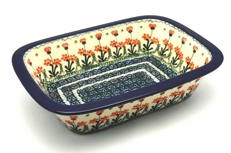 2 1/4"H x 7 1/8"W x 9 3/4"L
 Polish Pottery Baker - Rectangular with Grip Lip - Peach Spring Daisy 162-560a (2 1/4"H x 7 1/8"W x 9 3/4"L
)