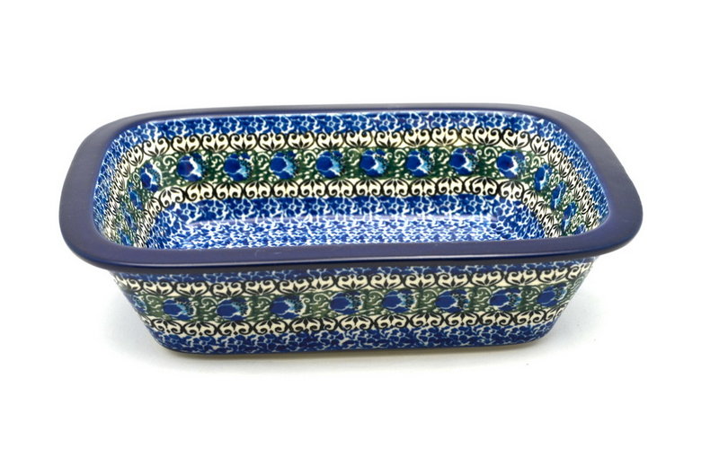 2 1/4"H x 7 1/8"W x 9 3/4"L
 Polish Pottery Baker - Rectangular with Grip Lip - Peacock Feather 162-1513a (2 1/4"H x 7 1/8"W x 9 3/4"L
)