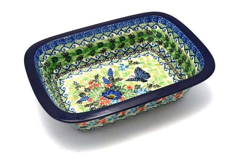 2 1/4"H x 7 1/8"W x 9 3/4"L
 Polish Pottery Baker - Rectangular with Grip Lip - Unikat Signature U4600 162-U4600 (2 1/4"H x 7 1/8"W x 9 3/4"L
)