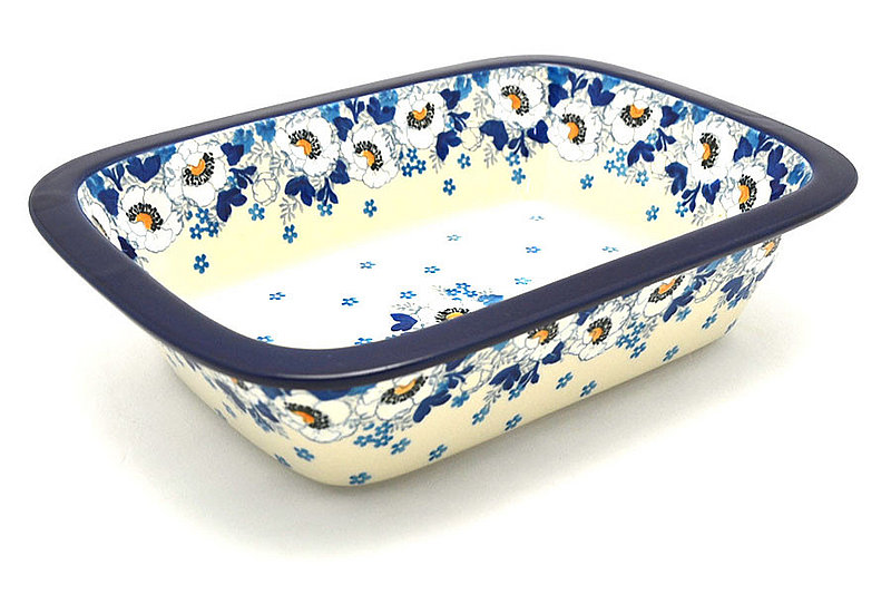 2 1/4"H x 7 1/8"W x 9 3/4"L
 Polish Pottery Baker - Rectangular with Grip Lip - White Poppy 162-2222a (2 1/4"H x 7 1/8"W x 9 3/4"L
)