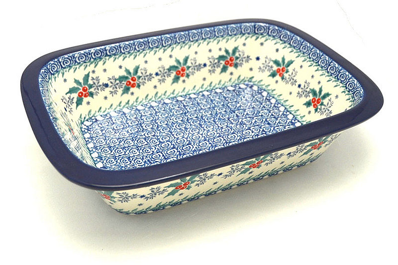 2 1/4"H x 7 1/8"W x 9 3/4"L
 Polish Pottery Baker - Rectangular with Grip Lip - Winter Holly 162-2973a (2 1/4"H x 7 1/8"W x 9 3/4"L
)