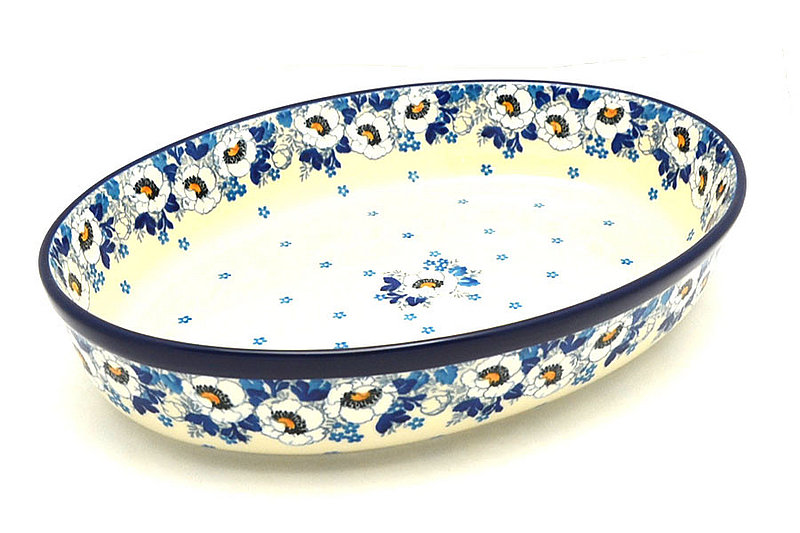 2 1/4"H x 8 1/2"W x 12"L
 Polish Pottery Baker - Oval - Large - White Poppy 297-2222a (2 1/4"H x 8 1/2"W x 12"L
)