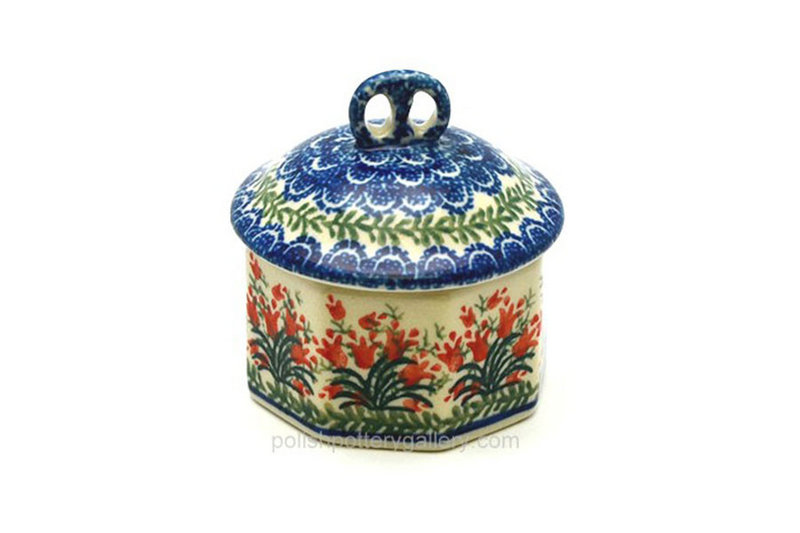 2 3/4"H x 2 3/4"W.
 Polish Pottery Trinket Box - Crimson Bells 110-1437a (2 3/4"H x 2 3/4"W.
)