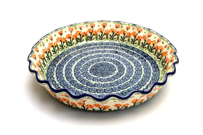 2"H x 10"W
 Polish Pottery Baker - Pie Dish - Fluted - Peach Spring Daisy 636-560a (2"H x 10"W
)