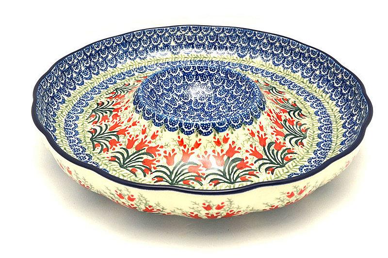 2"H x 12"W. Dip Section 4"W
 Polish Pottery Dish - Vegetable and Dip - 12" - Crimson Bells A23-1437a (2"H x 12"W. Dip Section 4"W
)