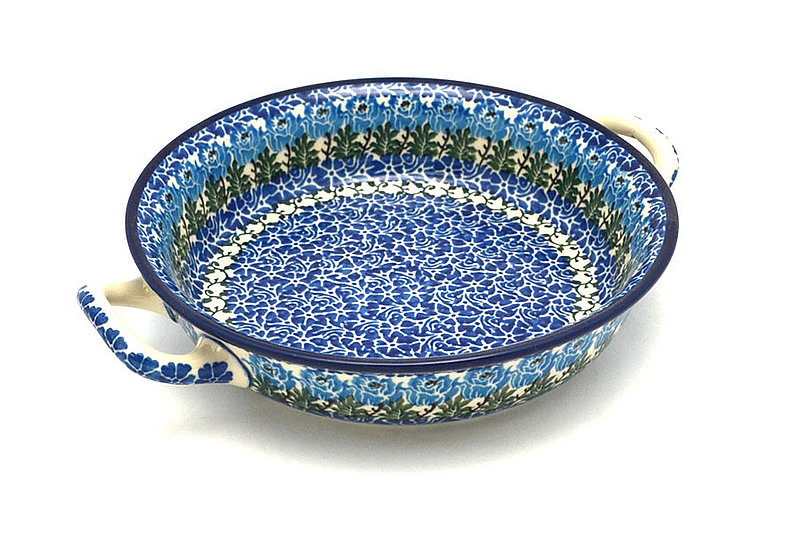 2"H x 8"W x 10"L (at handles)
 Polish Pottery Baker - Round with Handles - 8" - Antique Rose 419-1390a (2"H x 8"W x 10"L (at handles)
)