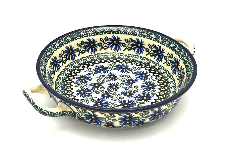 2"H x 8"W x 10"L (at handles)
 Polish Pottery Baker - Round with Handles - 8" - Blue Chicory 419-976a (2"H x 8"W x 10"L (at handles)
)