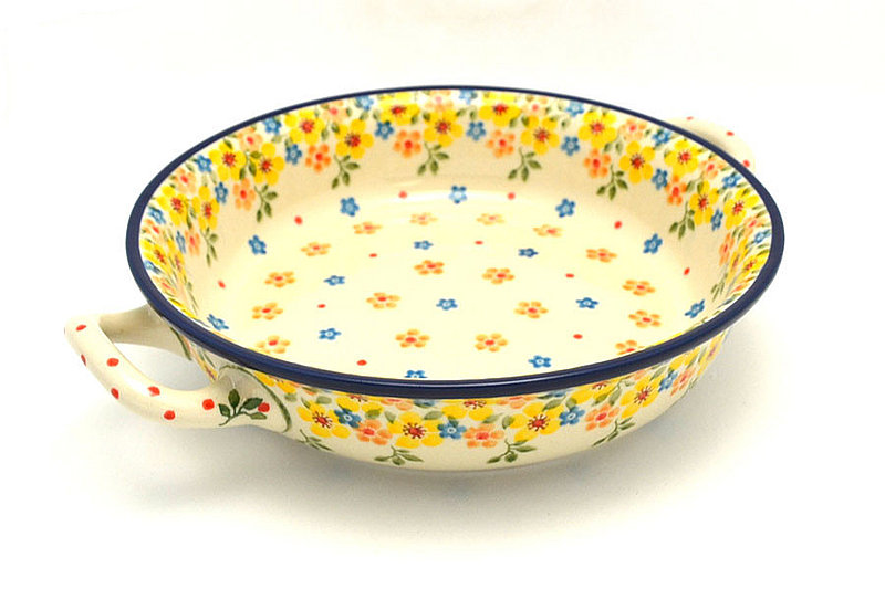 2"H x 8"W x 10"L (at handles)
 Polish Pottery Baker - Round with Handles - 8" - Buttercup 419-2225a (2"H x 8"W x 10"L (at handles)
)