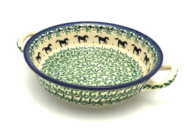 2"H x 8"W x 10"L (at handles)
 Polish Pottery Baker - Round with Handles - 8" - Dark Horse 419-2241a (2"H x 8"W x 10"L (at handles)
)