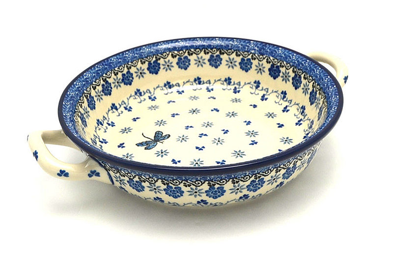 2"H x 8"W x 10"L (at handles)
 Polish Pottery Baker - Round with Handles - 8" - Dragonfly 419-2009a (2"H x 8"W x 10"L (at handles)
)