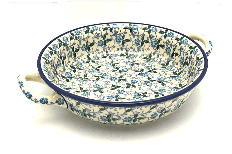 2"H x 8"W x 10"L (at handles)
 Polish Pottery Baker - Round with Handles - 8" - Forget-Me-Knot 419-2089a (2"H x 8"W x 10"L (at handles)
)