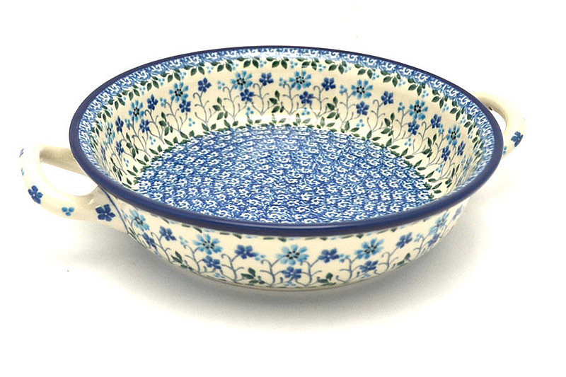2"H x 8"W x 10"L (at handles)
 Polish Pottery Baker - Round with Handles - 8" - Georgia Blue 419-2785a (2"H x 8"W x 10"L (at handles)
)