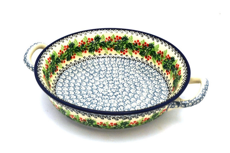 2"H x 8"W x 10"L (at handles)
 Polish Pottery Baker - Round with Handles - 8" - Holly Berry 419-1734a (2"H x 8"W x 10"L (at handles)
)