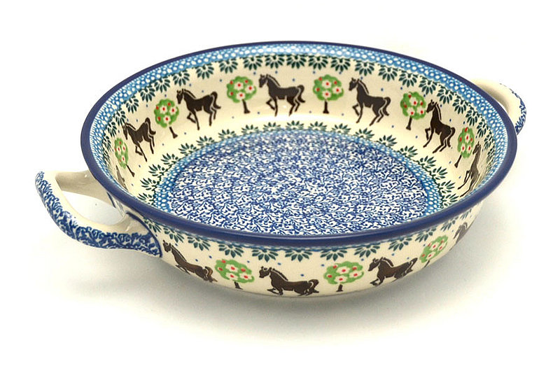 2"H x 8"W x 10"L (at handles)
 Polish Pottery Baker - Round with Handles - 8" - Mackintosh 419-2256a (2"H x 8"W x 10"L (at handles)
)
