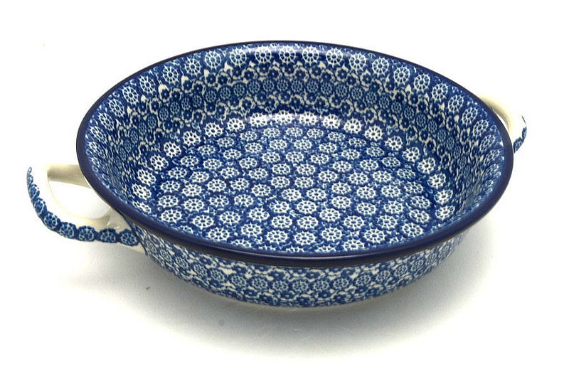 2"H x 8"W x 10"L (at handles)
 Polish Pottery Baker - Round with Handles - 8" - Midnight 419-2615a (2"H x 8"W x 10"L (at handles)
)