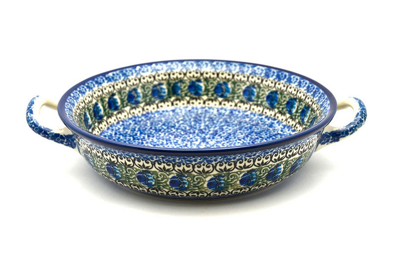 2"H x 8"W x 10"L (at handles)
 Polish Pottery Baker - Round with Handles - 8" - Peacock Feather 419-1513a (2"H x 8"W x 10"L (at handles)
)