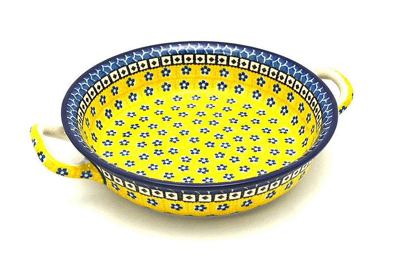 2"H x 8"W x 10"L (at handles)
 Polish Pottery Baker - Round with Handles - 8" - Sunburst 419-859a (2"H x 8"W x 10"L (at handles)
)