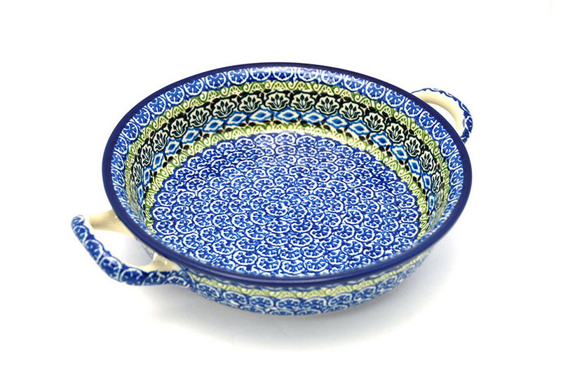2"H x 8"W x 10"L (at handles)
 Polish Pottery Baker - Round with Handles - 8" - Tranquility 419-1858a (2"H x 8"W x 10"L (at handles)
)