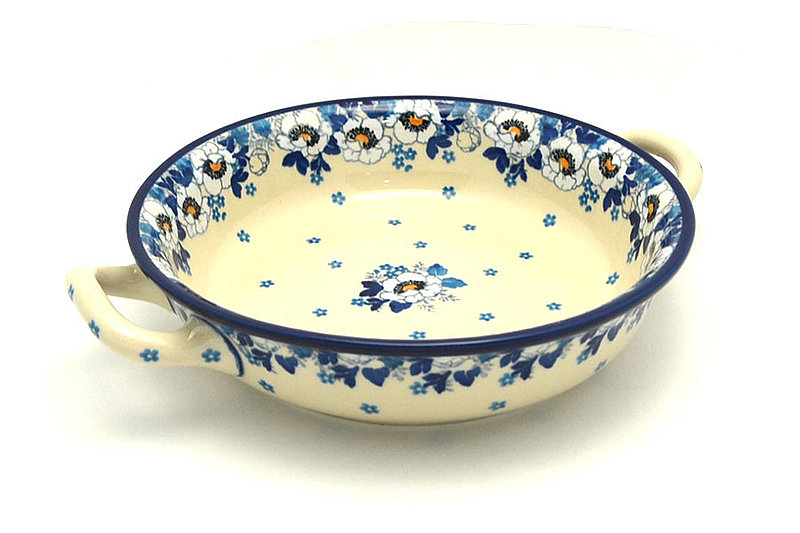 2"H x 8"W x 10"L (at handles)
 Polish Pottery Baker - Round with Handles - 8" - White Poppy 419-2222a (2"H x 8"W x 10"L (at handles)
)
