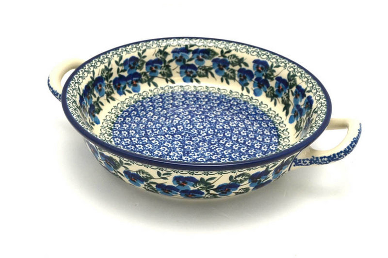 2"H x 8"W x 10"L (at handles)
 Polish Pottery Baker - Round with Handles - 8" - Winter Viola 419-2273a (2"H x 8"W x 10"L (at handles)
)