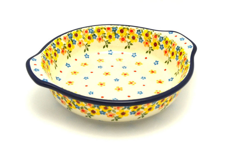 2"H x 8"W x 9"L (at handles)
 Polish Pottery Baker - Round with Grips - Medium - Buttercup 141-2225a (2"H x 8"W x 9"L (at handles)
)