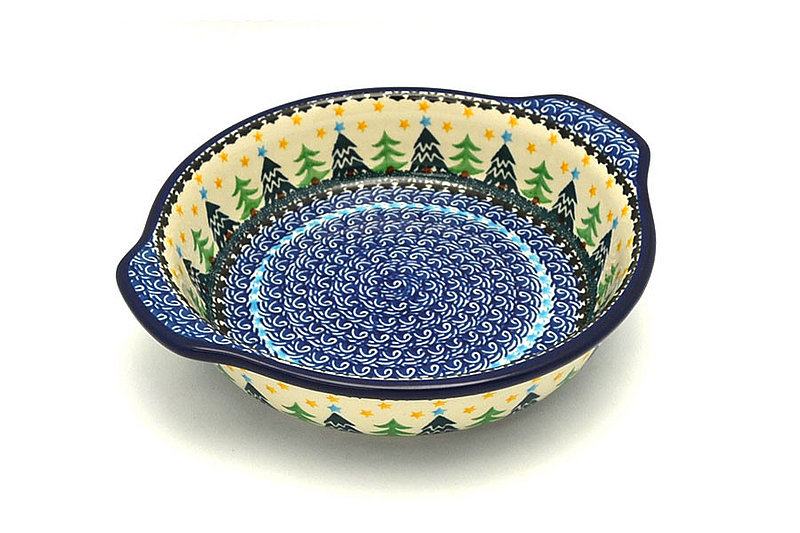 2"H x 8"W x 9"L (at handles)
 Polish Pottery Baker - Round with Grips - Medium - Christmas Trees 141-1284a (2"H x 8"W x 9"L (at handles)
)