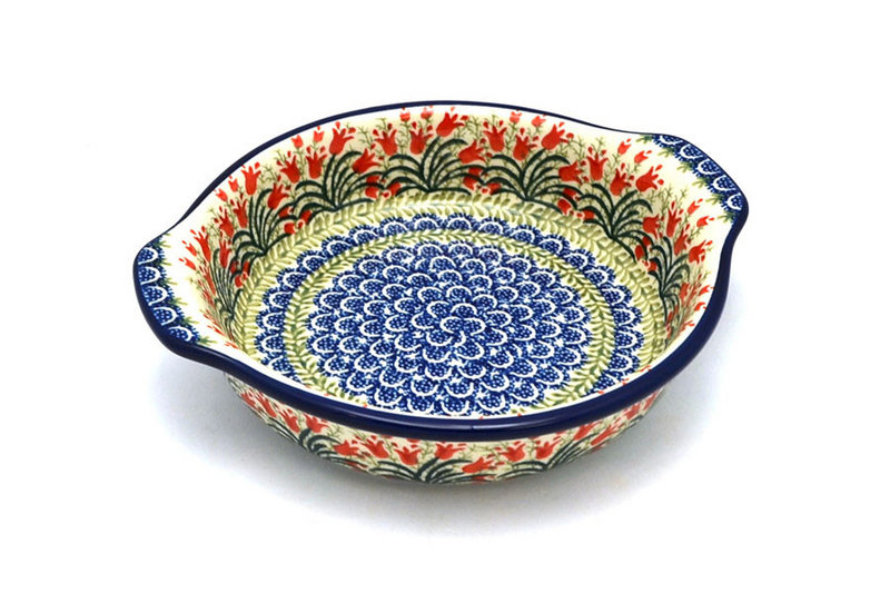 2"H x 8"W x 9"L (at handles)
 Polish Pottery Baker - Round with Grips - Medium - Crimson Bells 141-1437a (2"H x 8"W x 9"L (at handles)
)